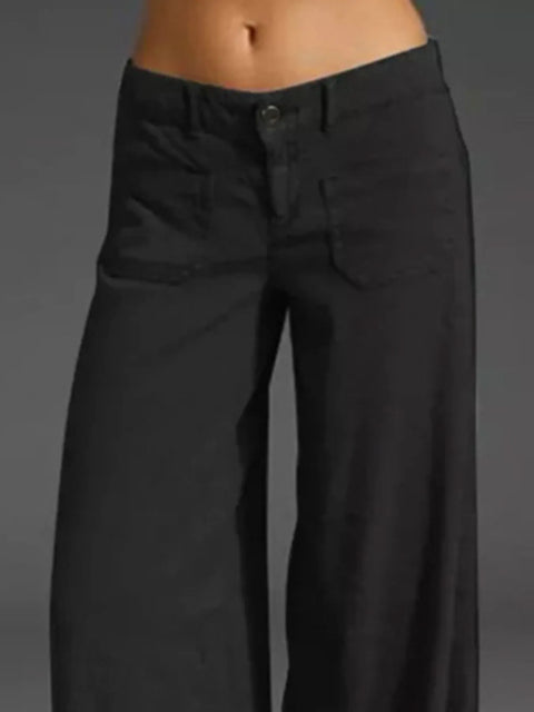 Plus Size Wide Leg Pants with Pockets – Full Length Comfort Fit, stylish black pants with side pockets and relaxed fit.