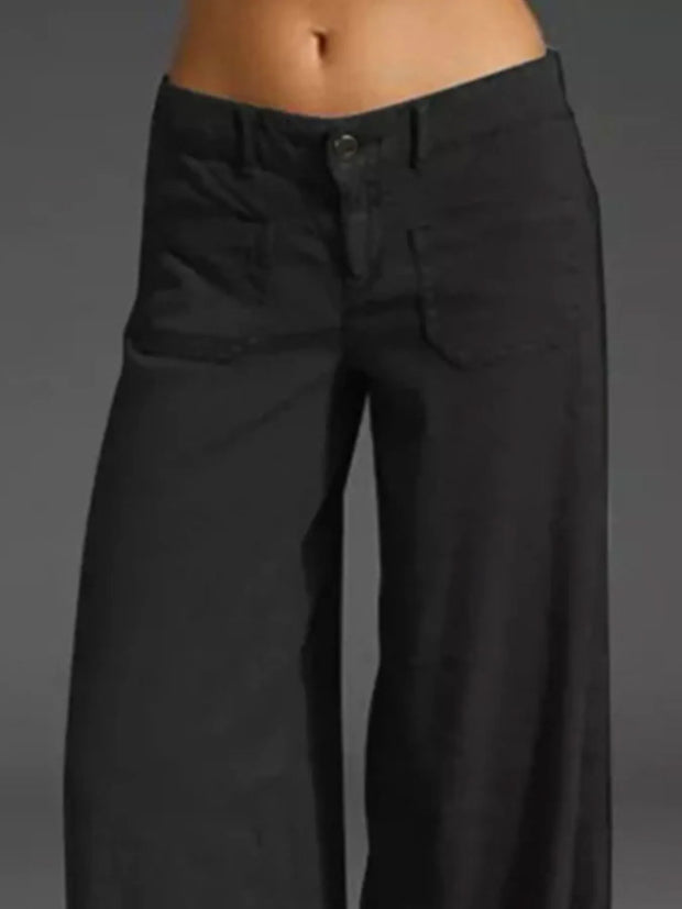 Plus Size Wide Leg Pants with Pockets – Full Length Comfort Fit, stylish black pants with side pockets and relaxed fit.