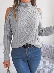 Cable Knit Cold Shoulder Turtleneck Sweater in gray with stylish cutouts and cozy cable knit design.