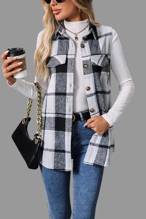 Plaid Button-Up Vest Coat styled with a white top and blue jeans, perfect for a chic and cozy look.