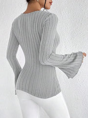 Ribbed Flare Sleeve Top – Slim Fit Knit in gray, showcasing flared sleeves and ribbed texture from the back.
