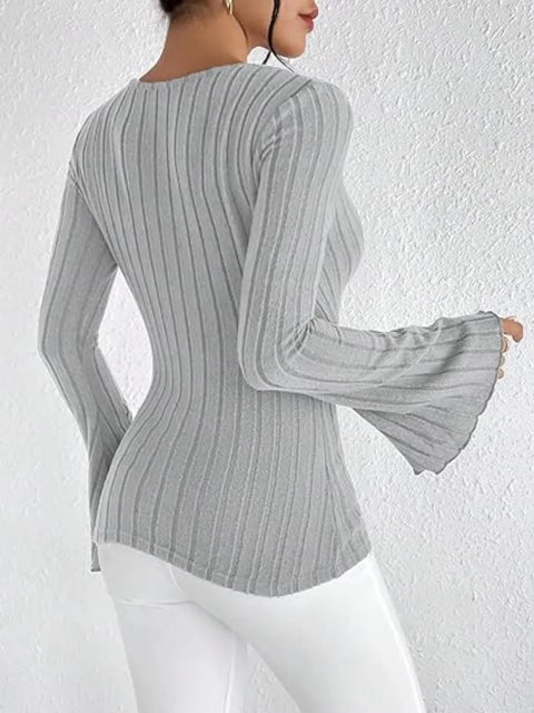 Ribbed Flare Sleeve Top – Slim Fit Knit in gray, showcasing flared sleeves and ribbed texture from the back.