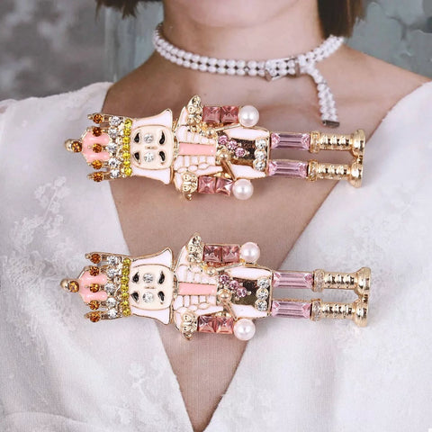 18K Gold Pearl Rhinestone Earrings featuring a nutcracker design with pink and pearl accents, sparkling and elegant.