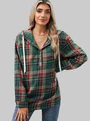 Plaid Hooded Drawstring Top in green and red plaid pattern, with drawstring hood and relaxed fit, perfect for casual wear.