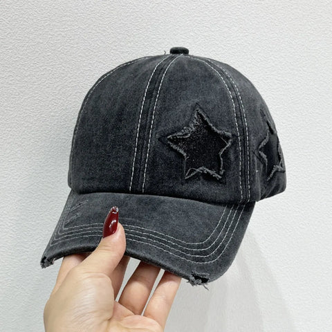 Star Embroidered Baseball Cap in gray with distressed stars, adjustable, trendy design for casual looks.