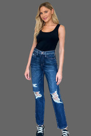 Judy Blue High Waist Destroy Straight Jeans styled with a black tank top and white sneakers, featuring stylish distressing.