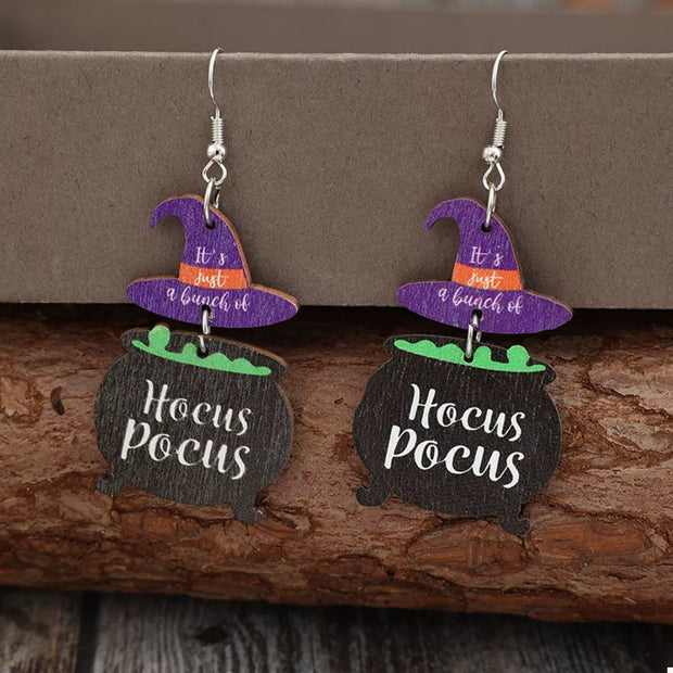 Halloween Hocus Pocus Witch Hat Earrings – Spooky Statement Jewelry featuring witch hats and cauldrons.