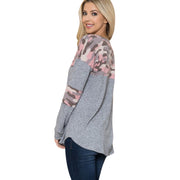 Camouflage Contrast Lightweight Sweater Knit featuring a relaxed fit and unique textured camo print in grey and pink.