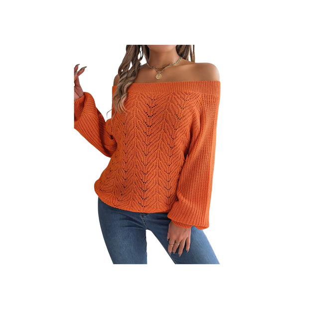 Trendy Openwork Off-Shoulder Knit Sweater – Cozy Fall Long Sleeve Top in vibrant orange with stylish off-shoulder design.