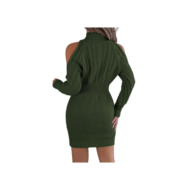 Cold Shoulder Cable Knit Turtleneck Sweater Dress – Long Sleeve Cutout Knit Dress in green, showcasing back view and stylish design.