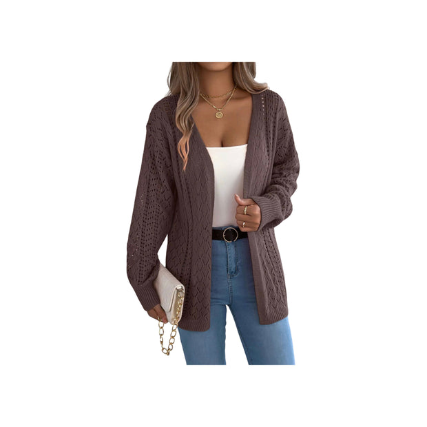 Openwork Knit Open-Front Cardigan – Lightweight Long Sleeve Layering Sweater worn with jeans and a tank top.