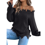 Distressed Hem Openwork Off-Shoulder Sweater – Relaxed Knit in black with raw hemline and open-knit design.