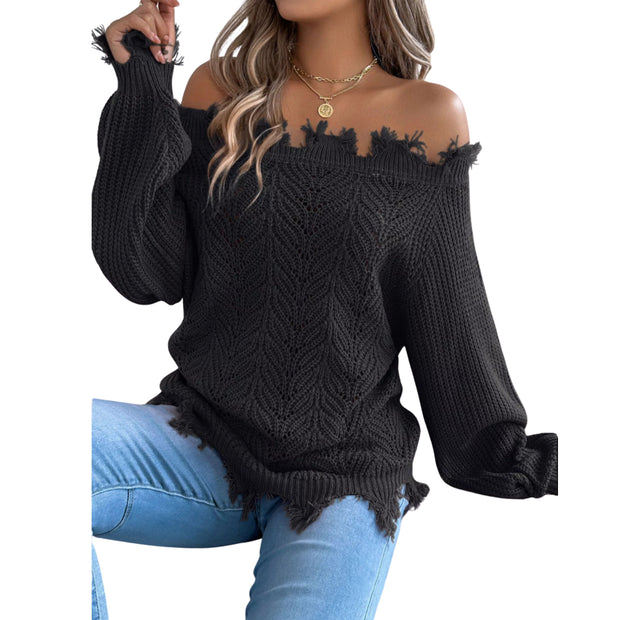 Distressed Hem Openwork Off-Shoulder Sweater – Relaxed Knit in black with raw hemline and open-knit design.