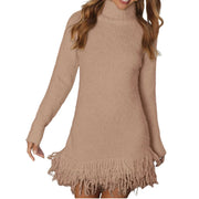 Cozy Fringe Turtleneck Sweater Dress – Long Sleeve Knit featuring a playful fringe hem and soft, cozy fabric.
