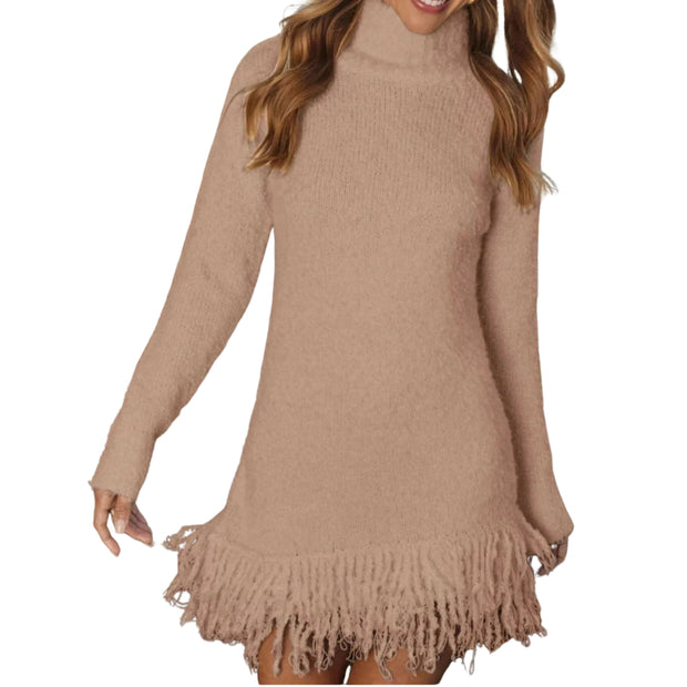 Cozy Fringe Turtleneck Sweater Dress – Long Sleeve Knit featuring a playful fringe hem and soft, cozy fabric.