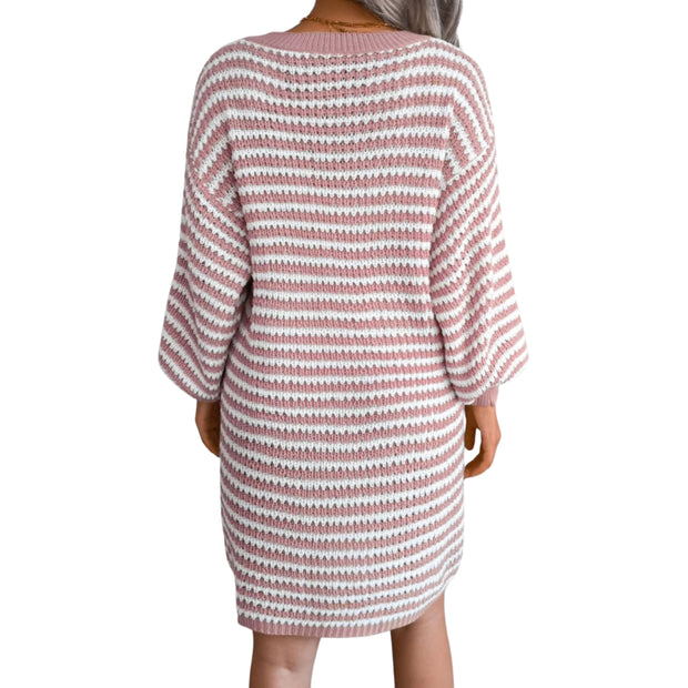 Striped Ribbed V-Neck Sweater Dress – Long Sleeve Knit in pink and white stripes, shown from the back.