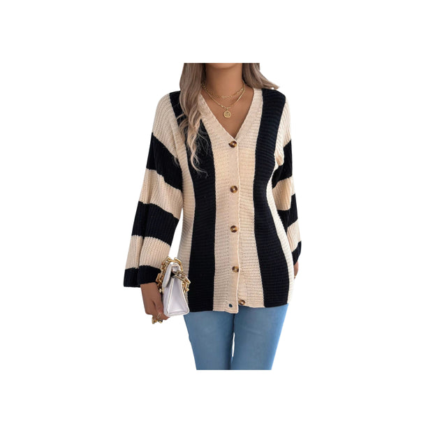 Cozy Color Block Button-Up Cardigan – Long Sleeve Knit Sweater in black and cream stripes, stylish and warm layering piece.