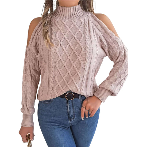 Model wearing a Cable Knit Cold Shoulder Turtleneck Sweater with stylish cutouts and cozy design.
