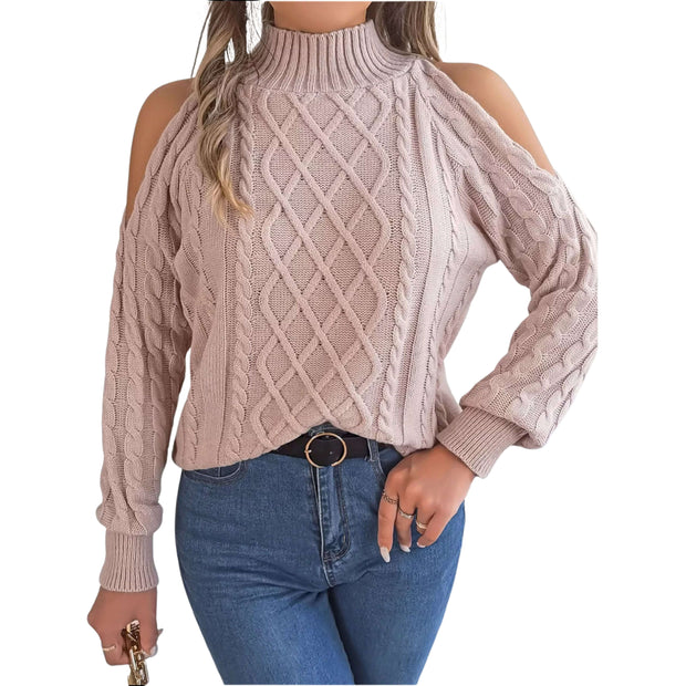 Model wearing a Cable Knit Cold Shoulder Turtleneck Sweater with stylish cutouts and cozy design.