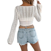 Openwork One-Shoulder Cutout Long Sleeve Sweater – Chic Knit Pullover Top worn with denim shorts, showcasing stylish back view.