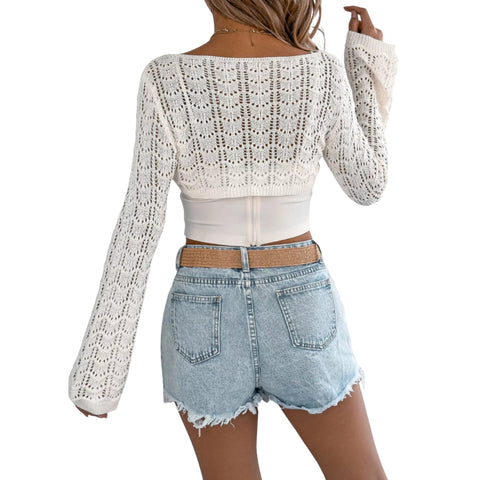 Openwork One-Shoulder Cutout Long Sleeve Sweater – Chic Knit Pullover Top worn with denim shorts, showcasing stylish back view.