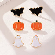 3-Pair Halloween Stud Earring Set featuring bat, pumpkin, and ghost designs for festive spooky-season style.