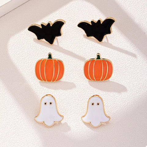 3-Pair Halloween Stud Earring Set featuring bat, pumpkin, and ghost designs for festive spooky-season style.