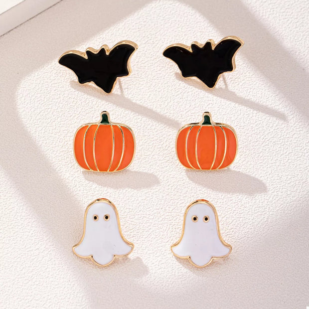 3-Pair Halloween Stud Earring Set featuring bat, pumpkin, and ghost designs for festive spooky-season style.