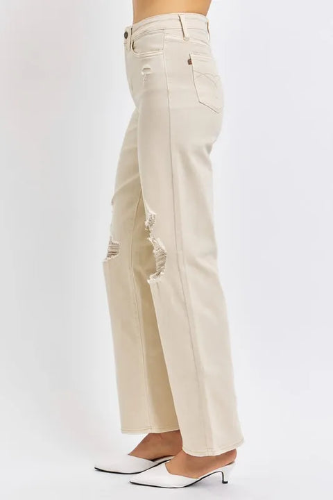 Judy Blue High Waist Distressed Wide Leg Jeans in light beige with ripped detailing