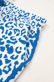 Blue Leopard Elastic Waistband Lace up Contrast Trim Casual Shorts