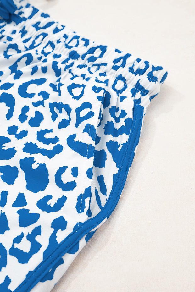 Blue Leopard Elastic Waistband Lace up Contrast Trim Casual Shorts