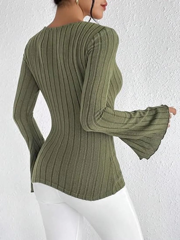 Ribbed Flare Sleeve Top in olive green, showcasing ribbed texture and flare sleeves, perfect for casual styling.