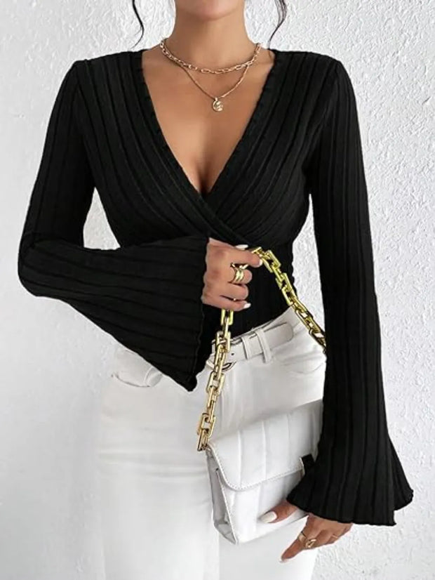 Ribbed Flare Sleeve Top in black, featuring a v-neck and elegant flare sleeves, perfect for stylish casual wear.