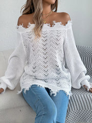 Distressed Hem Openwork Off-Shoulder Sweater – Relaxed Knit worn with jeans, featuring a cozy open-knit design.
