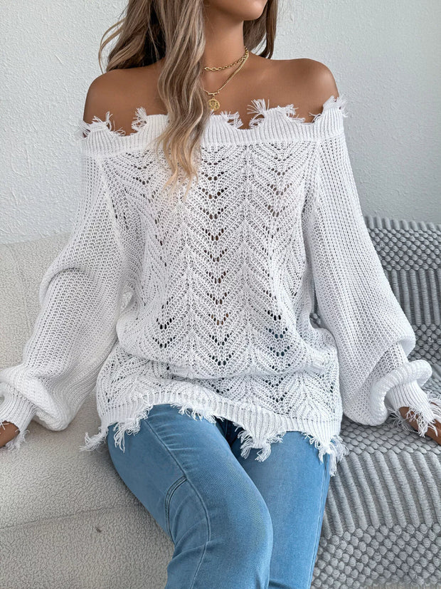 Distressed Hem Openwork Off-Shoulder Sweater – Relaxed Knit worn with jeans, featuring a cozy open-knit design.