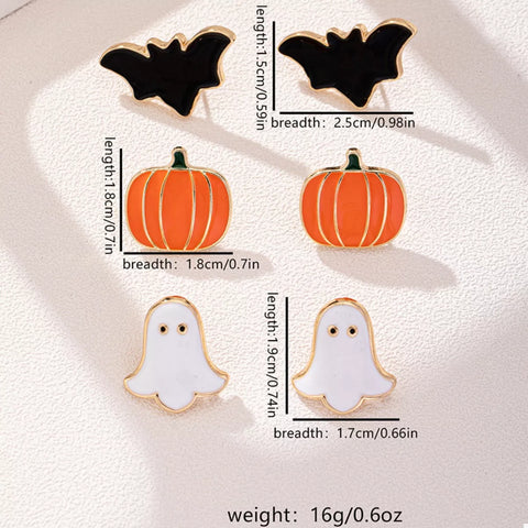 3-Pair Halloween Stud Earring Set featuring bat, pumpkin, and ghost designs with 18K gold-plated finish.