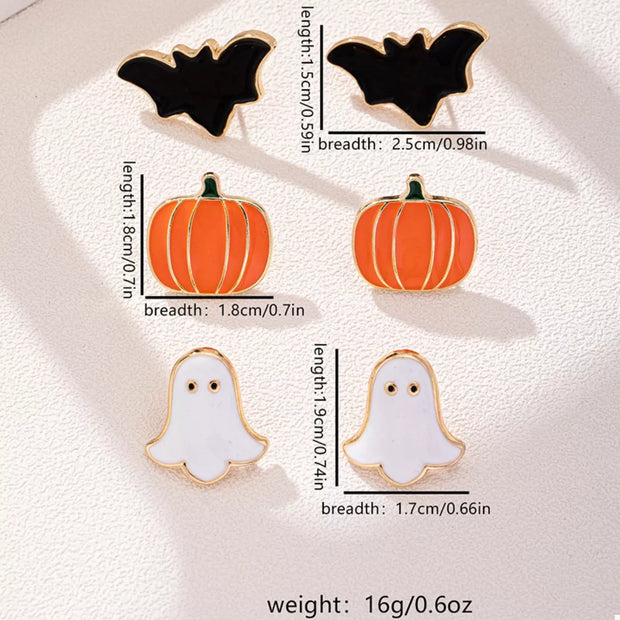 3-Pair Halloween Stud Earring Set featuring bat, pumpkin, and ghost designs with 18K gold-plated finish.