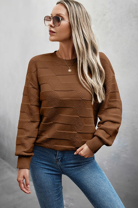 Classic Round Neck Loose Knit Sweater with a textured design in brown, styled with jeans and sunglasses.