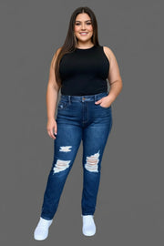 Judy Blue High Waist Destroy Straight Jeans styled with a black tank top and white sneakers, featuring stylish distressing.
