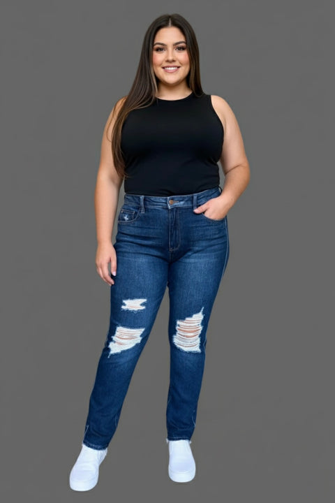 Judy Blue High Waist Destroy Straight Jeans styled with a black tank top and white sneakers, featuring stylish distressing.
