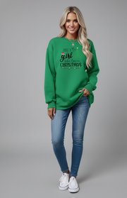 Letter Graphic Round Neck Sweatshirt in green with Christmas theme, model wearing casual jeans and sneakers, cheerful vibe.