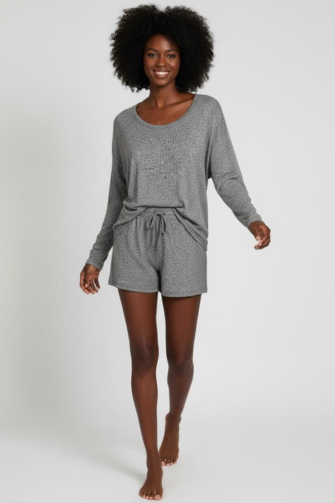 Zenana Soft Melange Long Sleeve Tee & Shorts Set