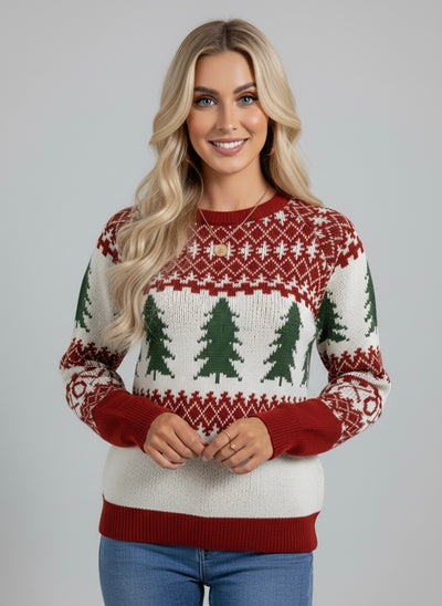 Christmas Tree Knit Round Neck Sweater