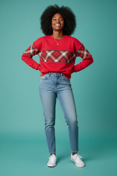 BiBi Christmas Theme Plaid Block Sweatshirt with Binding – Festive Holiday Style