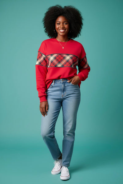 BiBi Christmas Theme Plaid Block Sweatshirt with Binding – Festive Holiday Style
