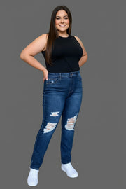 Judy Blue High Waist Destroy Straight Jeans styled with a black tank top and white sneakers, featuring stylish distressing.