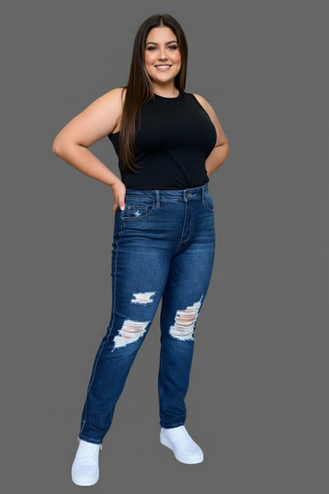 Judy Blue High Waist Destroy Straight Jeans styled with a black tank top and white sneakers, featuring stylish distressing.