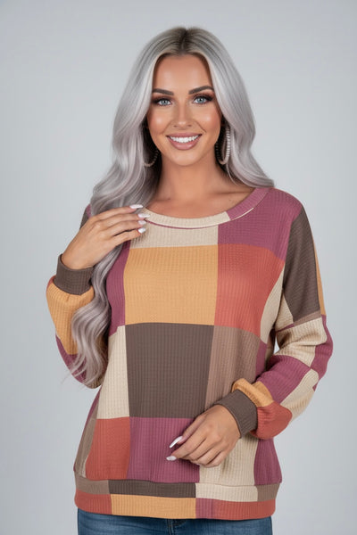Color Block Round Neck Long Sleeve Top