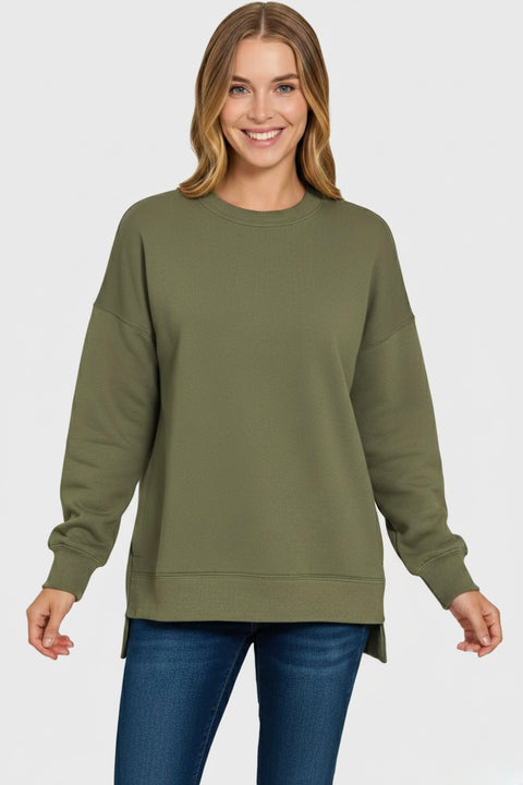 Zenana Fleece Hi-Low Boyfriend Sweatshirt with Pocket in olive green, styled with casual jeans.