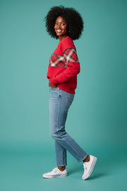 BiBi Christmas Theme Plaid Block Sweatshirt with Binding – Festive Holiday Style